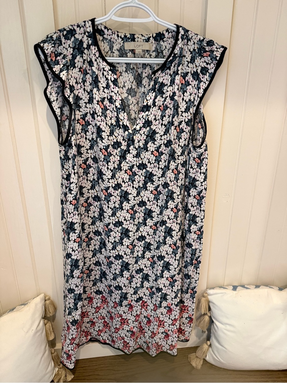 LOFT Navy Floral Midi Dress with Pink Accents